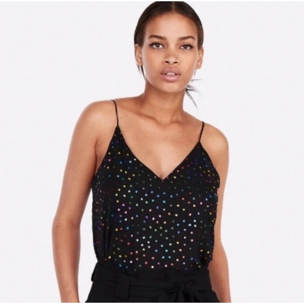 Vintage Express Woman Y2K Rainbow Foil Dot Small Double V Neck Sparkle Shimmer